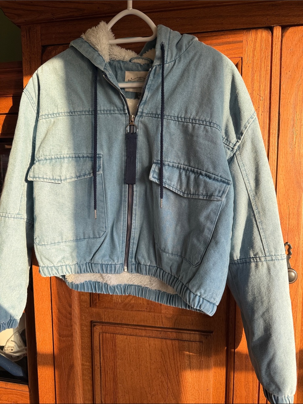 Light Wash Hooded Sherpa-Lined Jean Jacket